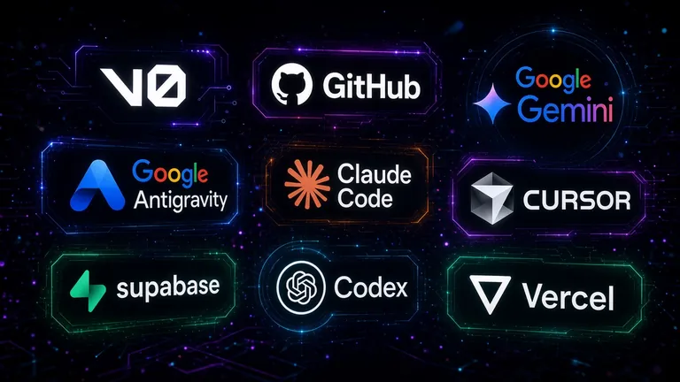 Logos das principais ferramentas de IA e desenvolvimento usadas na pós: V0, GitHub, Gemini, Antigravity, Claude Code, Cursor, Supabase, Codex e Vercel